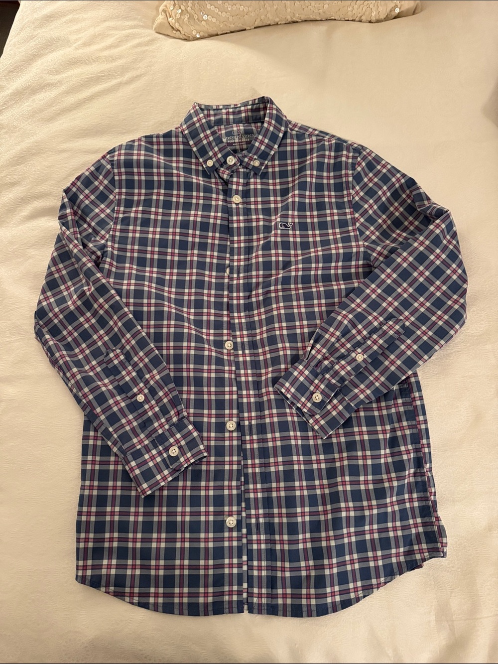 Vineyard Vines Navy, White & Pink Plaid Performance Whale Shirt